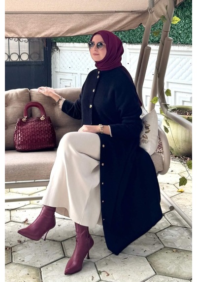 Rabia Şamlı Yakut Angora Triko Kap Siyah Çok Renkli