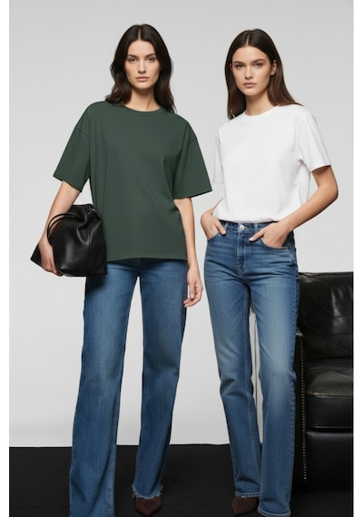 Soft&Basic Kadın 2'li %100 Organik Pamuk Oversize Fit Basic Yuvarlak Yaka T-shirt Haki-beyaz Soft&Basic Kadın 2'li %100 Organik Pamuk Oversize Fit Basic Yuvarlak Yaka T-shirt Haki-beyaz