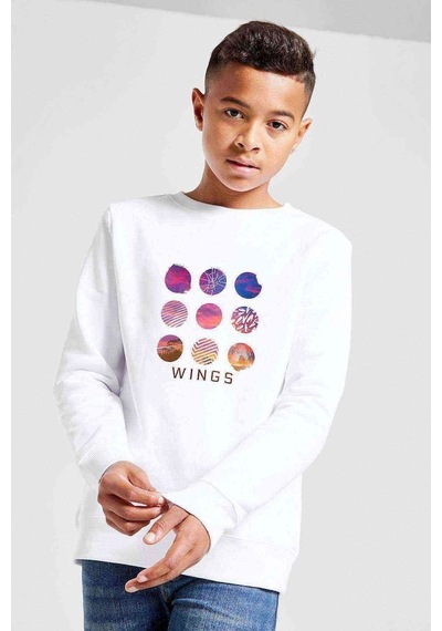 Tshirthane K Pop Wings Music Koreli Muzik Baskılı Unisex Çocuk Beyaz Sweats Beyaz
