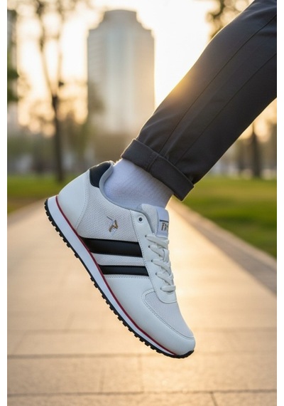 Enoch Erkek Spor Ayakkabı Beyaz Sneaker Siyah Şeritli Ve Kırmızı Detaylı Retro Yürüyüş Modeli Beyaz - Siyah