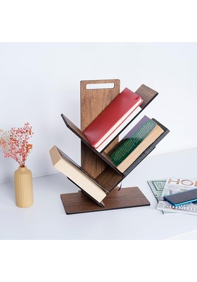 Vigo Wood - Mk20 Geometrik Masaüstü Ağaç Kitaplık Küçük Abanoz - Beyaz