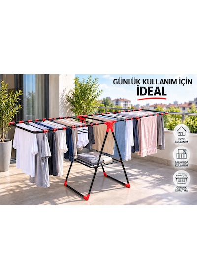 Arvıona 190 Cm Kanatlı Çamaşır Kurutmalığı Mandal Sepetli Metal Kırmızı - Siyah