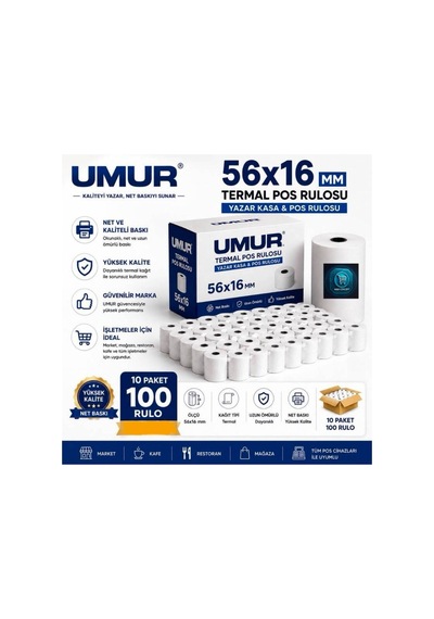 56x16 Yazarkasa Termal Pos Rulosu Net Baskı Yüksek Kalite Pos Cihazlarına Uyumlu 10 Paket 100 Adet