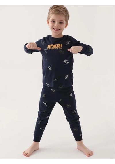 Cantoy Erkek Çocuk Roar Yazılı Dinozor Baskılı Uzun Kollu Pijama Takımı-16036 Lacivert