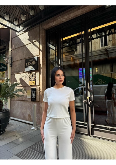 WeShaya Beyaz Palazzo Modal Polyester Keten Takım Beyaz