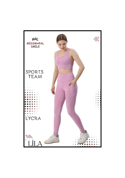 Missmaral Kadın Alt Üst Takım Fitness Pilates Koşu Sporcu Slim Fit Tayt Çift Cep Yüksek Bel Likralı Lila 3065 Lila