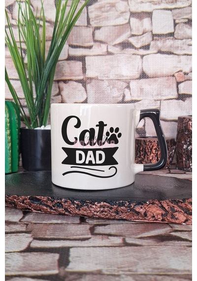 Cat Dad Baskılı Kedi Babası Kedisever Hediyelik Kulplu Kupa Bardak Siyah