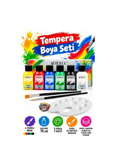6x75 Ml Tempera Guaj Boya Seti Fırça Ve Paletli Set Artdeco Çok Renkli