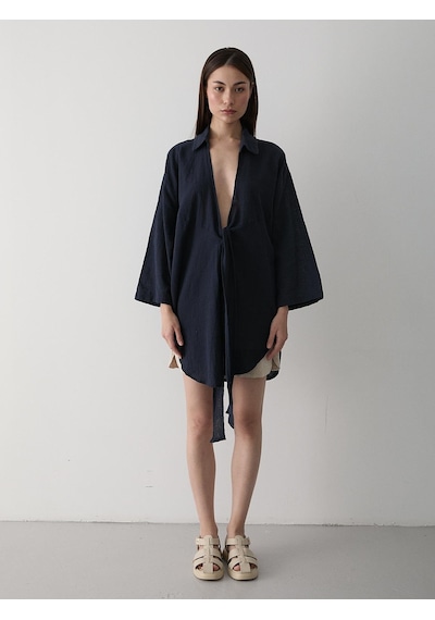 Laluvia Lacivert Flam Keten Kimono Gömlek Lacivert