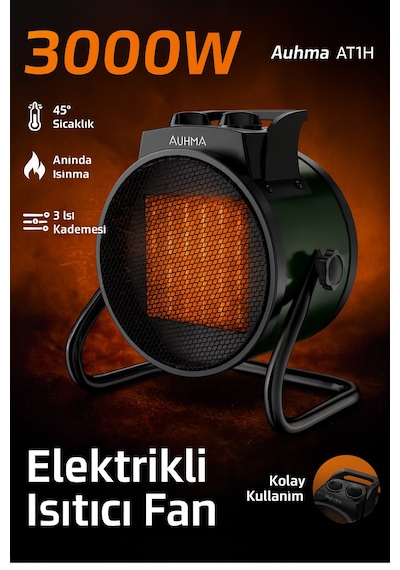 Auhma At1h Elektrikli Isıtıcı Fan Yeşil 3000w Hızlı Isınma, 3 Kademeli Ayar, Sessiz Ptc Isıtma Tek