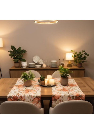 Jakarlı Dokuma Dekoratif Runner 45x140 Cm Kiremit Renkli Çiçekli Desenli Çok Renkli