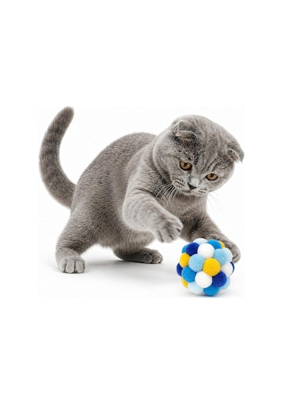 Orletz Çıngıraklı Ponpon Kedi Oyuncağı - Renkli İnteraktif Peluş Top - Zilli Yuvarlanan Kedi Topu - Çiğneme Ve