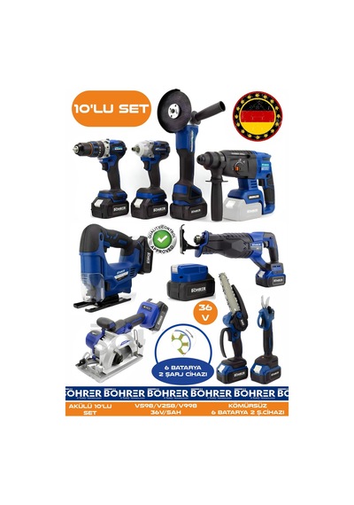 Böhrer Ba01082m 10 Makine Kombo Set 6 Akülü 2 Şarjlı Kömürsüz V598 5ah Profesyonel - Blue Mavi