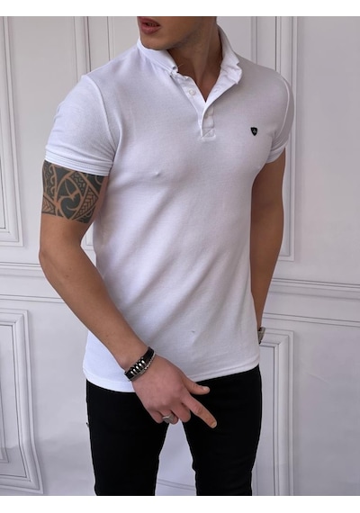 Modefendi Slim Fit Düğme Detaylı Pamuk Örme Polo Yaka Tshırt Beyaz