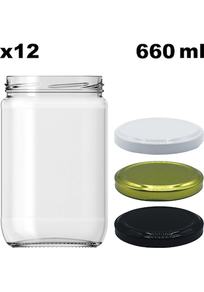 Afracam 660 Ml Metal Kapaklı Şeffaf Cam Kavanoz 12 Adet Siyah