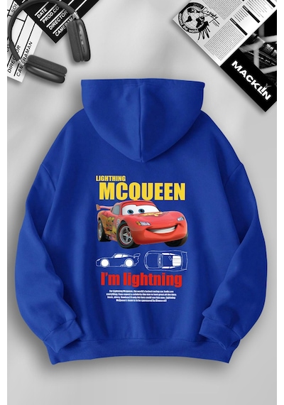 Macklin Unisex Kadın Erkek Şimşek Mcqueen Sırt Özel Tasarım Baskılı Kapşonlu Sweatshirt Mavi Mck1055 Mavi