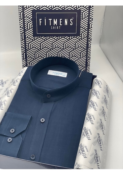 Hakim Yaka Slim Fit Keten Hediye Kutulu Erkek Gömlek Fs-003042 - Lacivert-2195