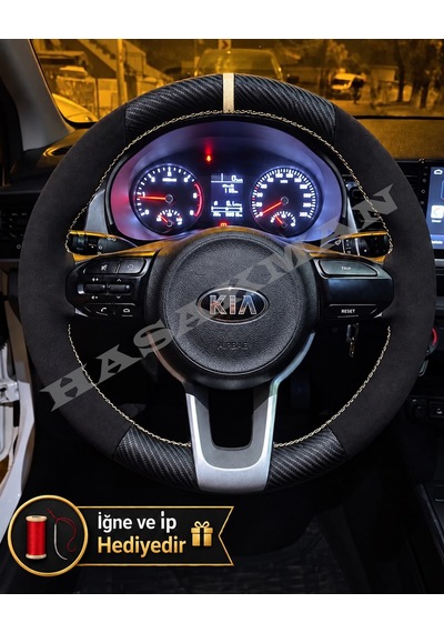 Kia Picanto Dikme Direksiyon Kılıfı Alcantara Süet Mat Karbon Bej Yüzük Ve Dikiş 2017-2024