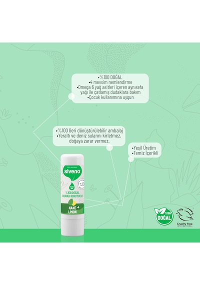 Siveno %100 Doğal Dudak Koruyucu Nane & Limon Bitkisel Lip Balm Krem Nemlendirici Parlatıcı Onarıcı 6 G