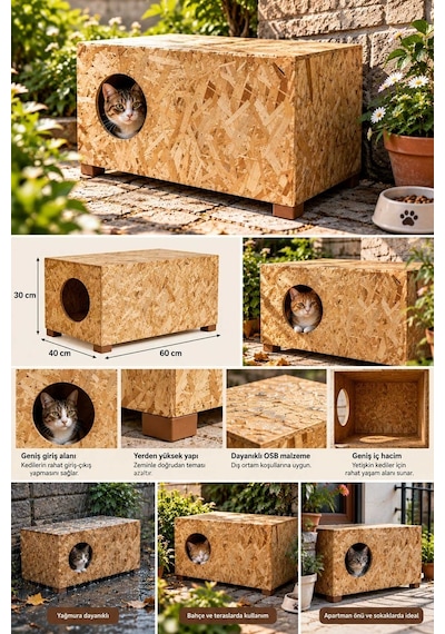 Reyo Büyük Boy Kedi Evi Sokak Hayvanları İçin Kedi Yuvası Ahşap Kedi Kulübesi Yağmura ve Soğuğa Dayanıklı OSB 60 x 40 x 30 CM CAT24