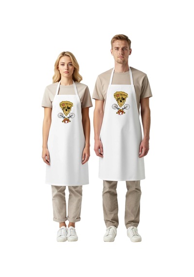 Erkek Unisex Aşçı Önlüğü Eritilmiş Pizza İskelet Baskılı Mutfak G Beyaz