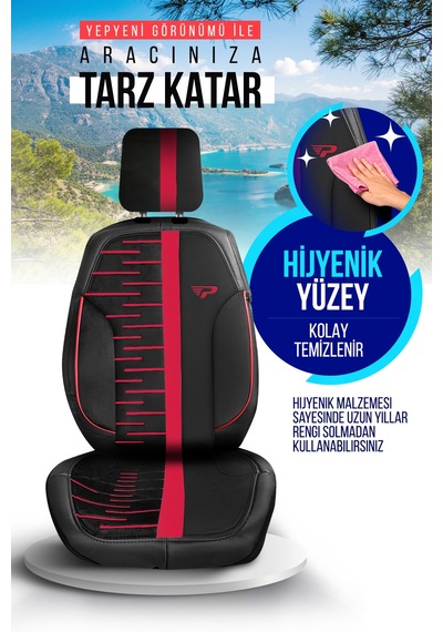 Siyah - Kırmızı Panda Camila Serisi Velucantra Kumaş Oto Koltuk Kılıfı - Tam Set