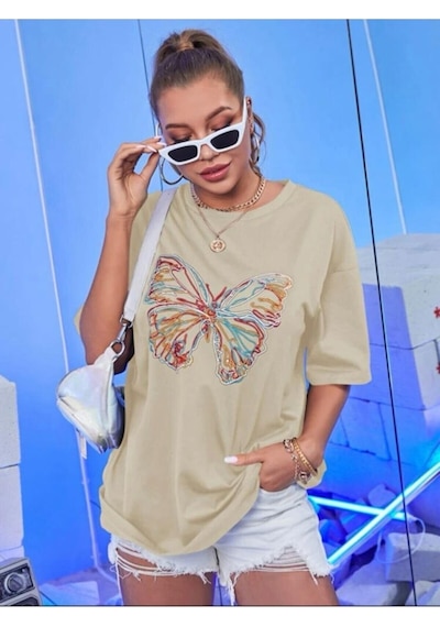 Renkli Kelebek Dijital Baskılı Unisex Bej - Siyah Oversize T-shirt Bej