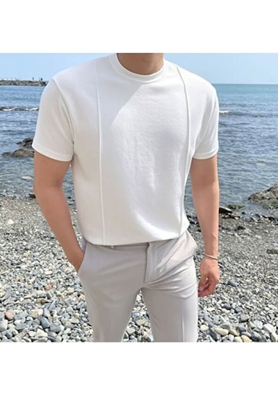 Tarz Cool Yuvarlak Yaka 2 Çizgili Triko T-shirt Beyaz