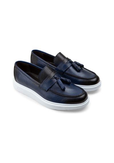Deery Hakiki Deri Mavi Comfort Püsküllü Erkek Loafer - 01587mmvıp06 Mavi
