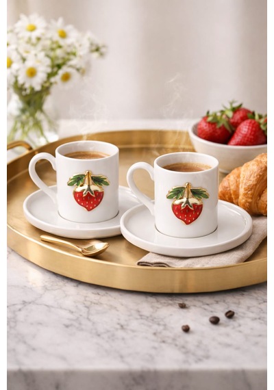 Dekorasyaa 2'li Seramik Kahve Fincan Takımı - 90 Ml - Çilek Desenli Beyaz