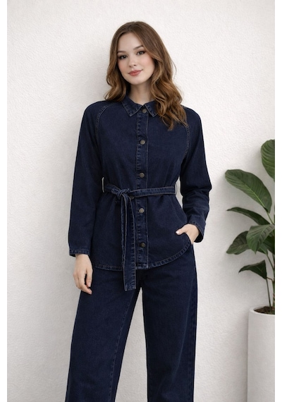 Hiramir Kadın Modern Kesim Kuşaklı Denim Takım Yz2601 Lacivert