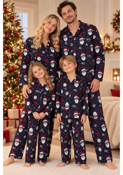 Free Beka Yılbaşı Desenli Kırmızı Uzun Kollu Önden Düğmeli Gömlek Yaka Aile Pijama Takımı Kombini Lacivert