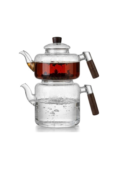 Akasya Cam Çaydanlık Takımı 1800 Ml + 950 Ml - Ahşap Kulplu Isıya Dayanıklı Borosilikat Şeffaf Çaydanlık çok renkli
