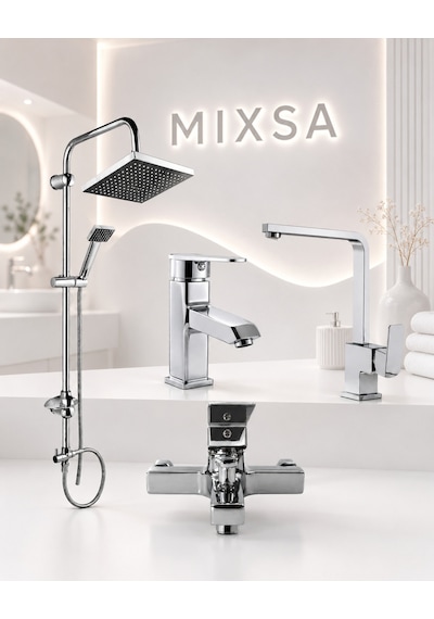 Lüx Premium Kare Robot Duş Seti Krom Kare Banyo-lavabo-mutfak Bataryası 4'lü Set Pirinç Gövde
