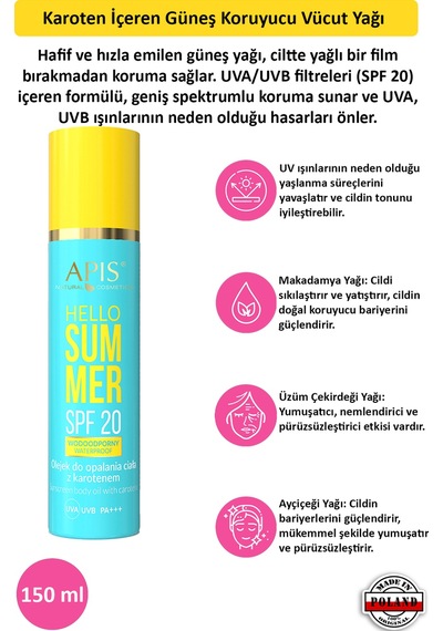 Apis Natural Karoten İçeren Güneş Koruyucu Vücut Yağı SPF20 150 ML