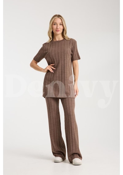 Çizgili Relax Fit İkili Takım Dnv-000019 Sütlü Kahve