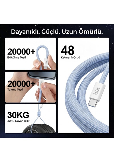 Bix T4cc 65w Type-c To Type-c Örgülü Manyetik Tasarım Hızlı Şarj Ve Data Kablosu 1 Metre Mavi