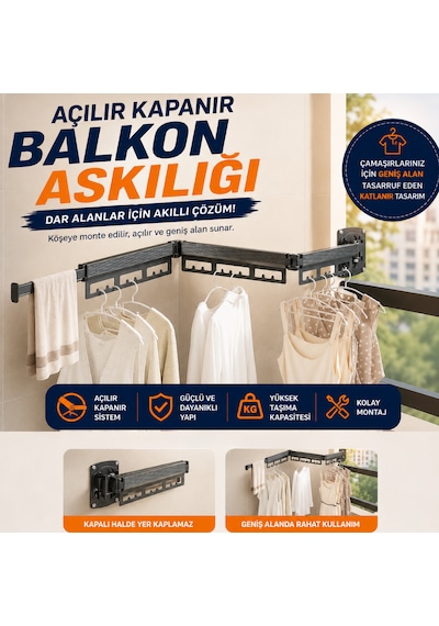 Alüminyum Balkon Çamaşır Askılığı Katlanabilir, Yer Kaplamaz Paslanmaz Çamaşır Kurutmalığı Gri