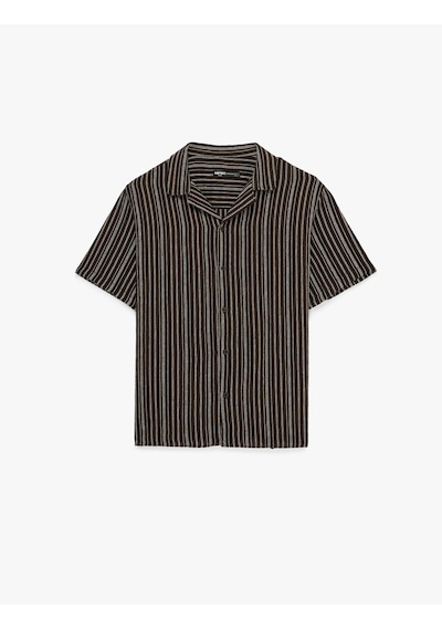Koton Regular Fit Kısa Kollu Düğmeli Devrik Yaka Çizgili Gömlek Kahverengi Çizgili 6sam60118hw