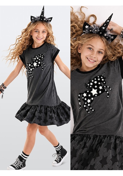 Denokids Yıldızlı Unicorn Fırfırlı Kız Çocuk Yazlık Gri Elbise