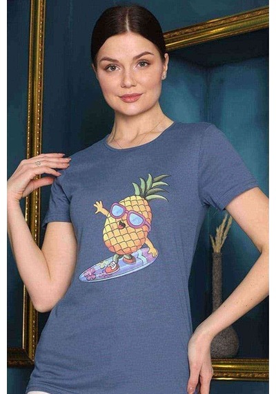 Kadın Slimfit Ananas Baskılı Lacivert Tshirt