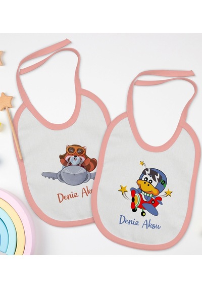 Bk Kids Kişiye Özel Sevimli Pilot Tasarımlı 2 Li Pembe Mama Önlüğ Pembe
