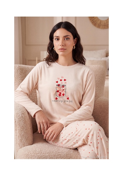 Lela Desenli Yumuşak Dokulu Uzun Kollu Pijama Takımı Kadın Pijama Takımı 65750155 Somon