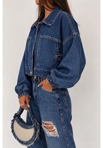 Noa & Noa Kadın Açık Mavi Kısa Denim Ceket Elastik Manşetli Crop Model Lacivert
