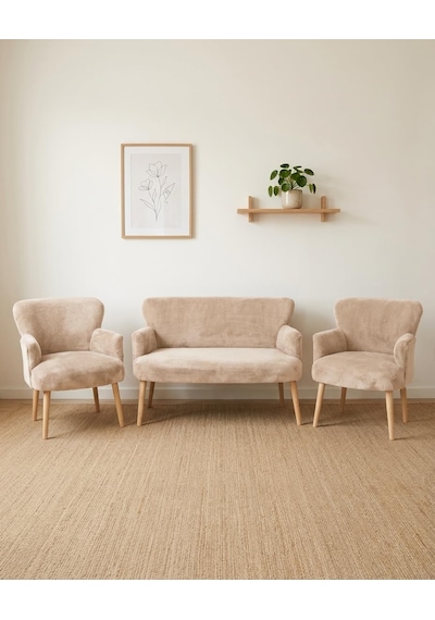 Roma Çay Seti Balkon Koltuk Takımı Welsoft Yumuşak Kumaş Naturel Ayaklı 2+1+1 Takım - Cappuccino Bej