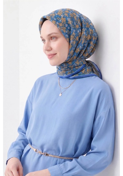 Silk Home Mini Floral Desen Soft Pamuk Eşarp Mavi