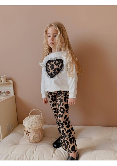 Miniko Kids Kız Çocuk Kalp Modelli Tül Detaylı Leopar İspanyol Paça Taytlı Takım Ekru Miniko Kids Kız Çocuk Kalp Modelli Tül Detaylı Leopar İspanyol Paça Taytlı Takım Ekru