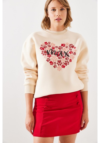 Shade Kadın Üç İplik Şardonlu Yuvarlak Yaka Pati Baskılı Sweatshirt Mbhs005 60601005 - Bej