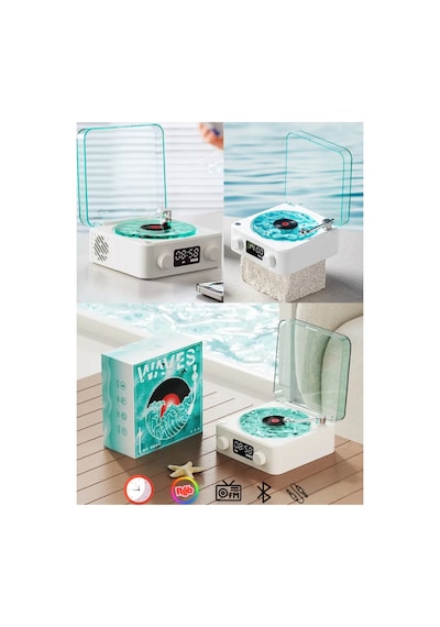 Plak Speaker Nostalji 3d Surrond Ses Kalitesi Saatli Bluetooth Hoparlör Retro Müzik Çalar Fm Radyo