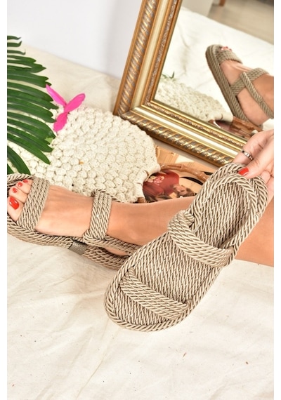 Fox Shoes Vizon Halat Ipli Hasır Kadın Sandalet K596012104